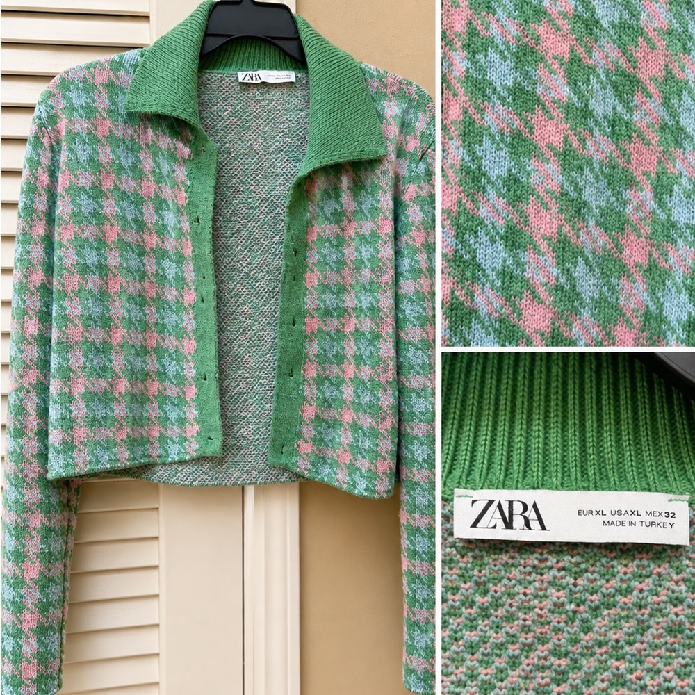 ZARA Pink and Green Houndstooth Cropped Cardigan